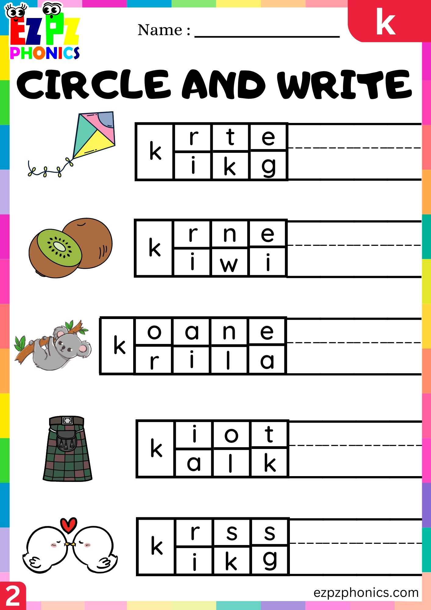 Group2 Letter K Circle And Write Beginning Sounds Worksheet